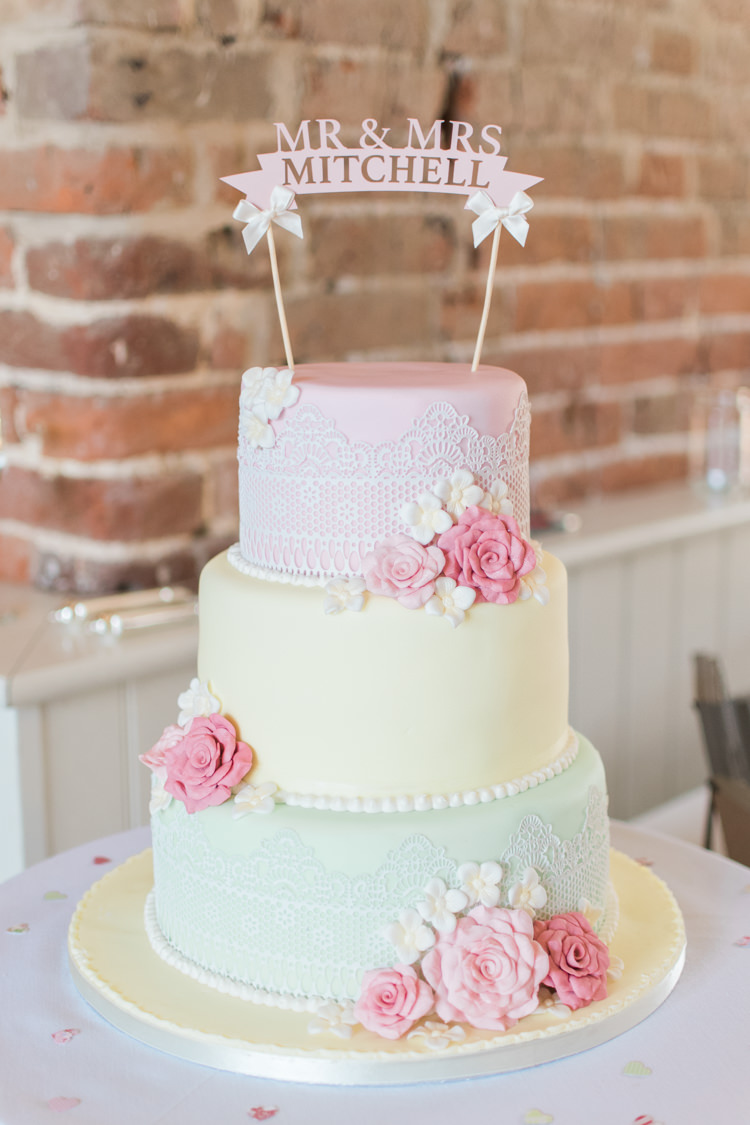 Pastel Lace Shabby Chic Cake Floral Fresh Pink Barn Wedding http://www.charlotteleysphotography.co.uk/