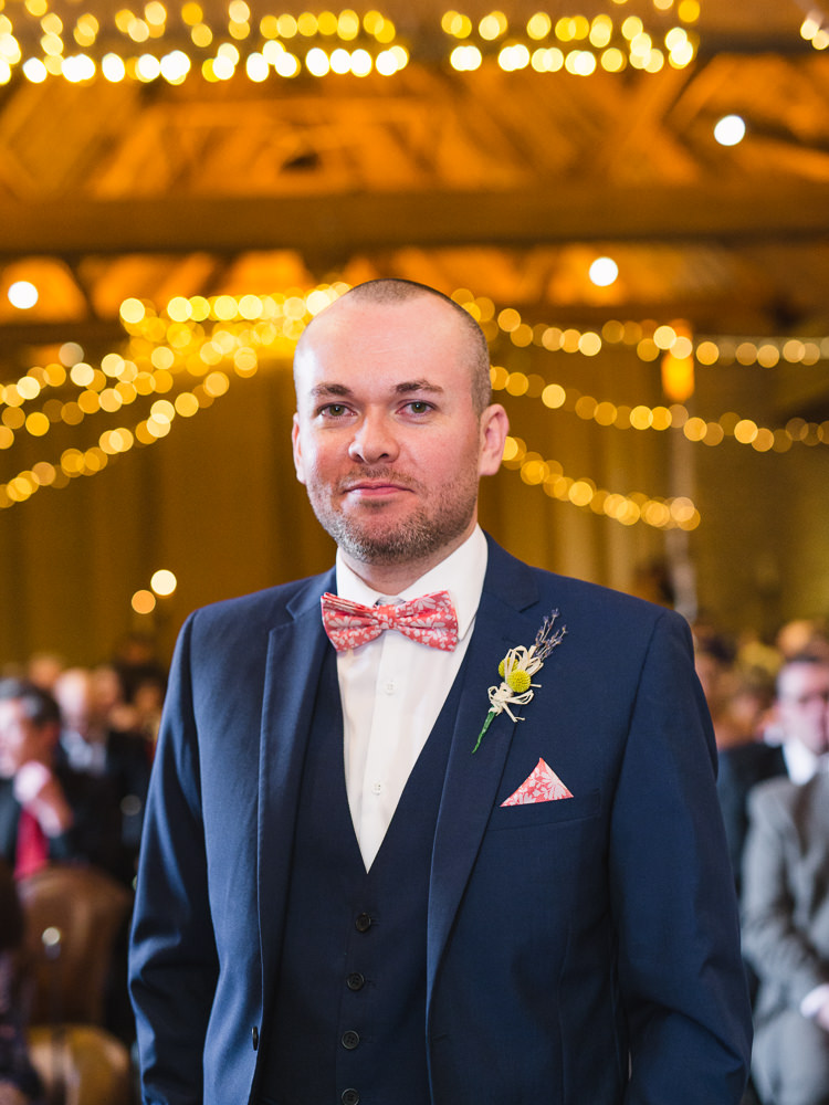 Navy Suit Groom Peach Floral Bow Tie Buttonhole Pretty Home Made Pastel Floral Wedding http://www.stephanieswannweddings.co.uk/