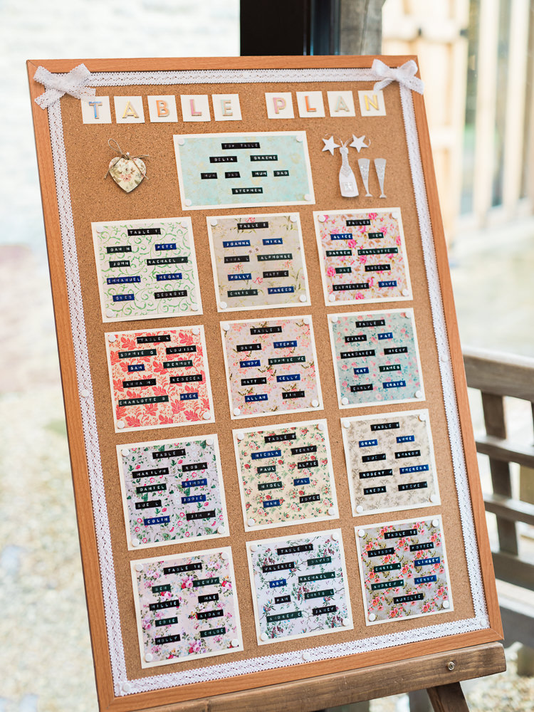 Cork Board Seating Plan Table Chart Pretty Home Made Pastel Floral Wedding http://www.stephanieswannweddings.co.uk/