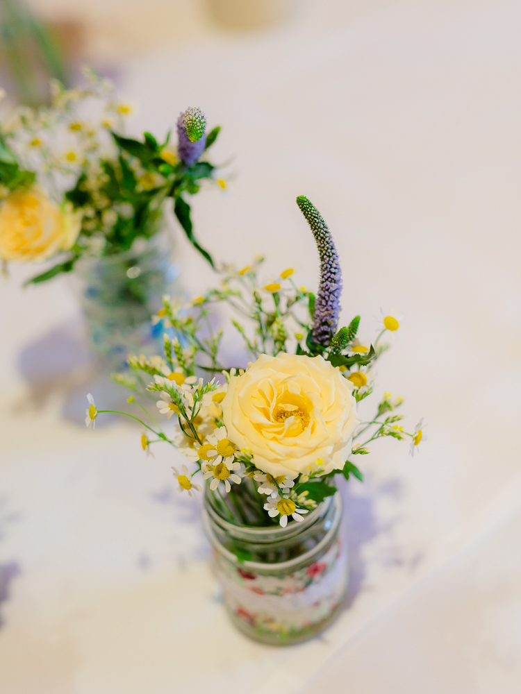 Flowers Jars Yellow Rose Daisy Pretty Home Made Pastel Floral Wedding http://www.stephanieswannweddings.co.uk/