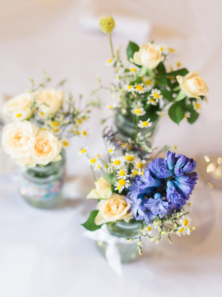 Flowers Jars Yellow Rose Daisy Pretty Home Made Pastel Floral Wedding http://www.stephanieswannweddings.co.uk/