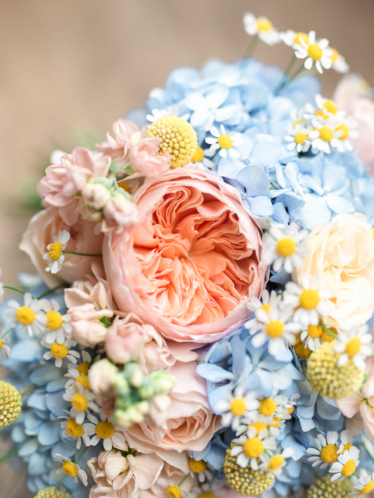 Daisies Roses Billy Balls Hydrangeas Pink Yellow Blue Flowers Bouquet Bride Bridal Spring Pretty Home Made Pastel Floral Wedding http://www.stephanieswannweddings.co.uk/