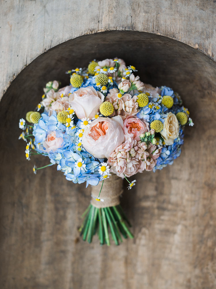 Daisies Roses Billy Balls Hydrangeas Pink Yellow Blue Flowers Bouquet Bride Bridal Spring Pretty Home Made Pastel Floral Wedding http://www.stephanieswannweddings.co.uk/