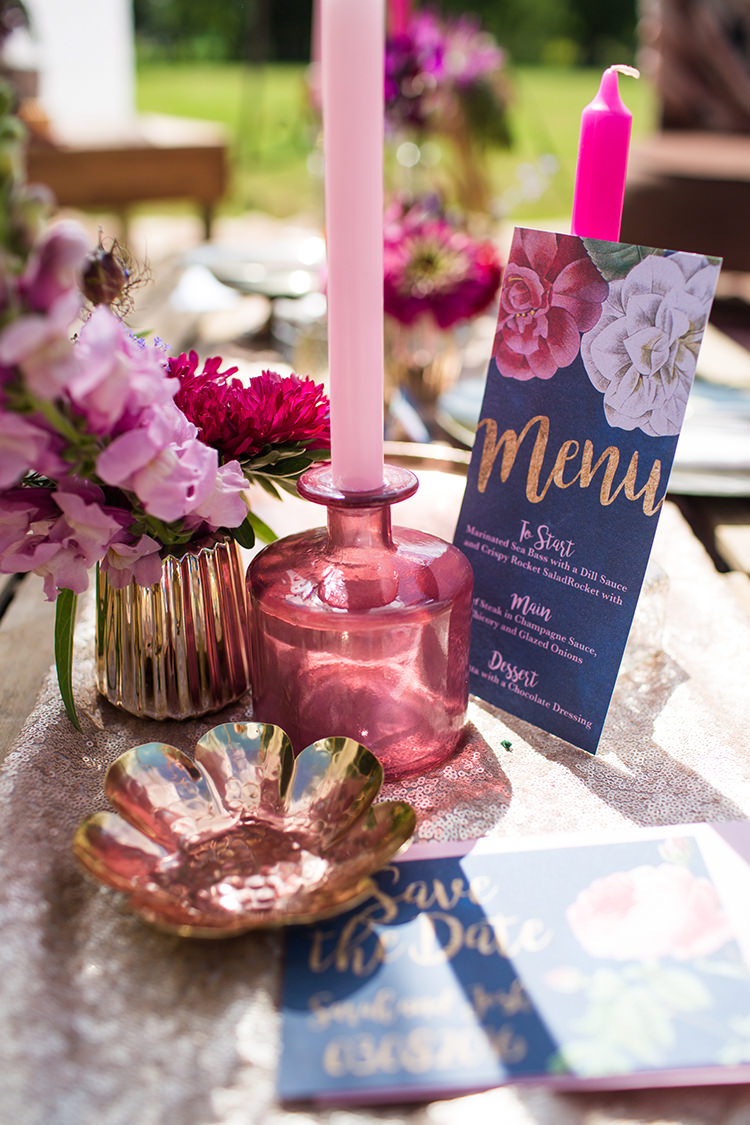 Navy Gold Stationery Rose Candle Flowers Sequin Alternative Colourful Boho Wedding Ideas http://www.binkynixon.com/