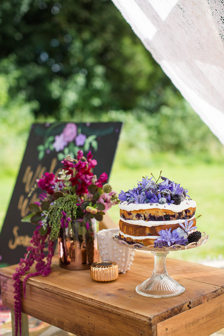 Naked Cake Layer Sponge Purple Flowers Table Alternative Colourful Boho Wedding Ideas http://www.binkynixon.com/