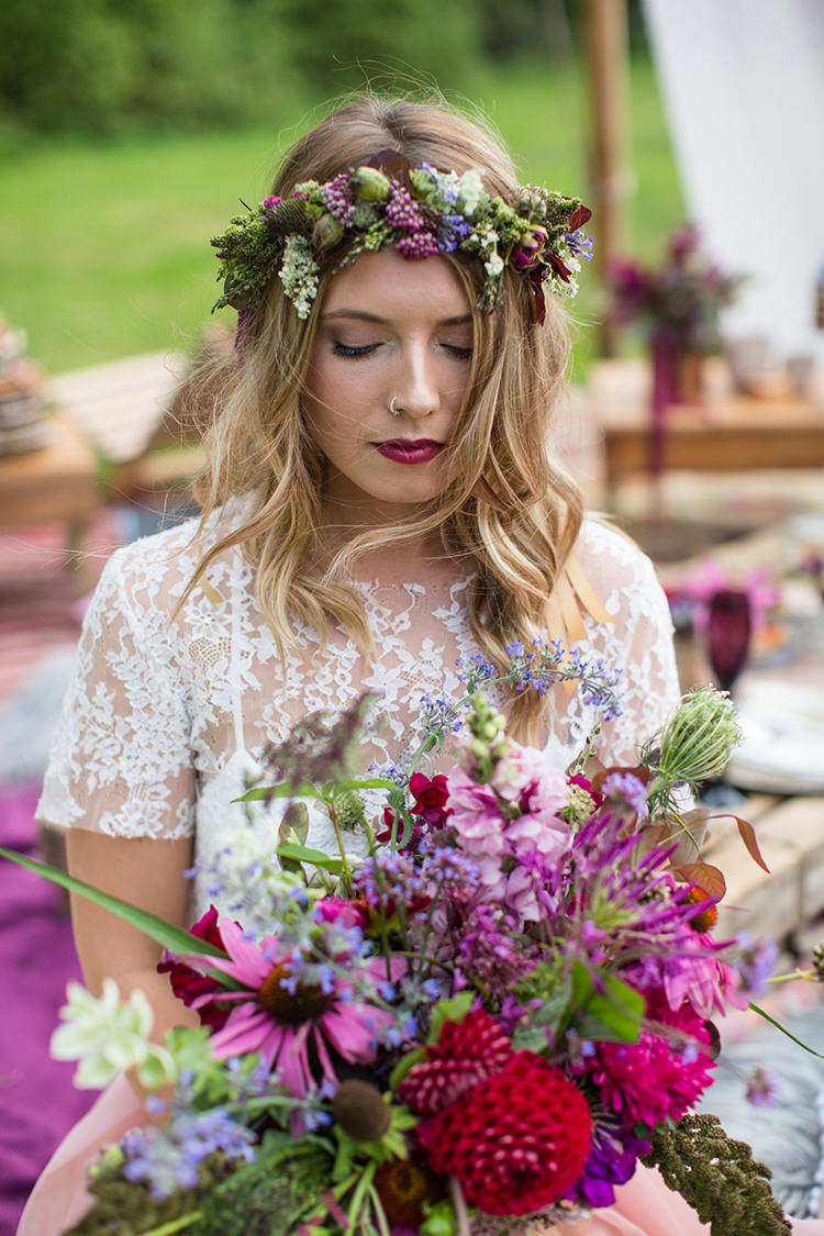 Bouquet Flowers Bride Bridal Autumn Red Burgundy Dahlia Flower Crown Make Up Alternative Colourful Boho Wedding Ideas http://www.binkynixon.com/