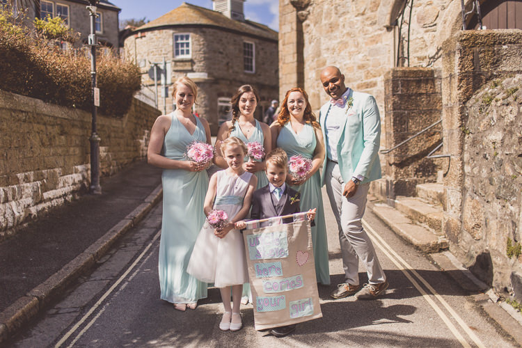 Pink Green Bridesmaids Page Boy Flower Girl Sign Banner Bridesman Relaxed Seaside St Ives Wedding http://www.wearetheclarkes.com/