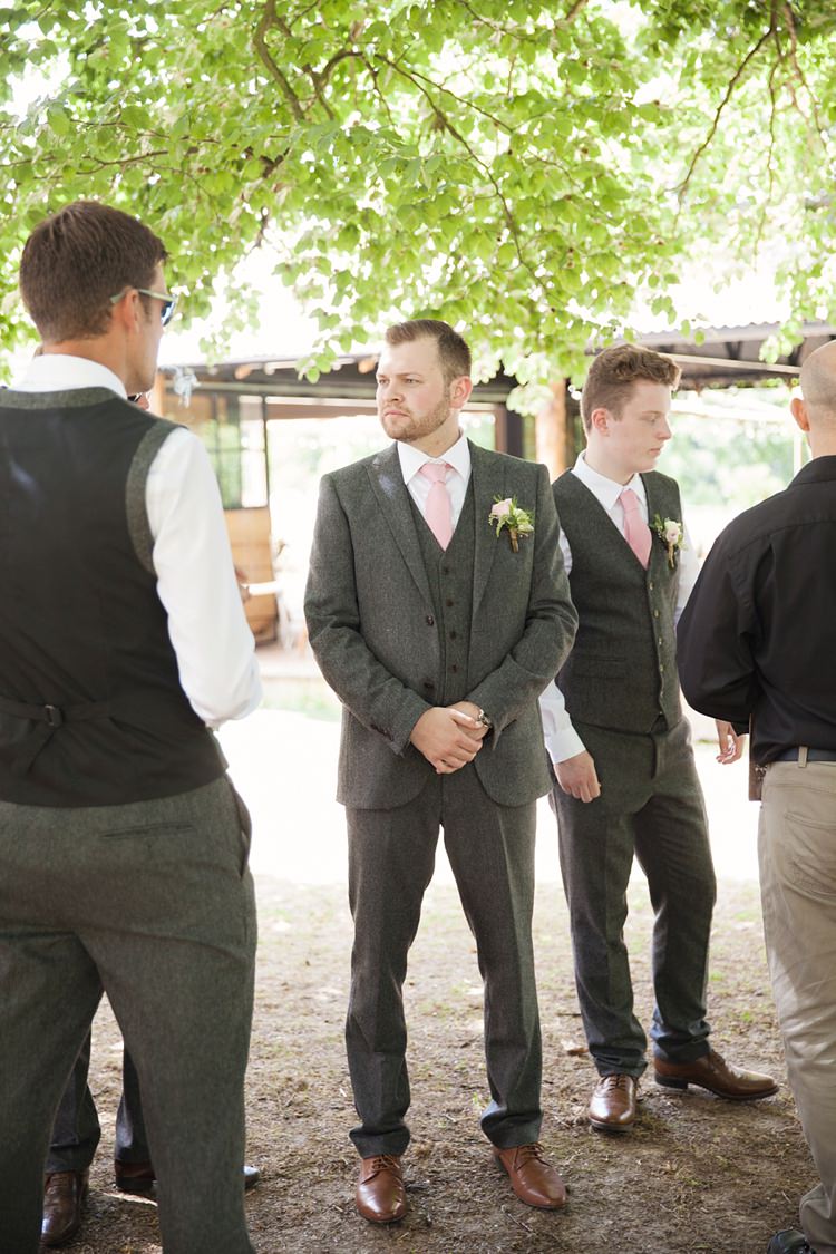 Grey Suit Groom Tie Pink Rustic Tipi Woodland Wedding http://kerryannduffy.com/
