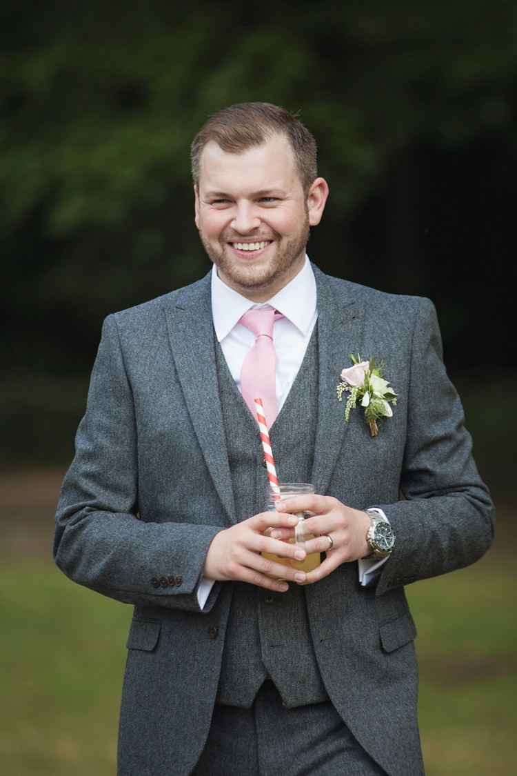 Grey Suit Groom Next Pink Rustic Tipi Woodland Wedding http://kerryannduffy.com/