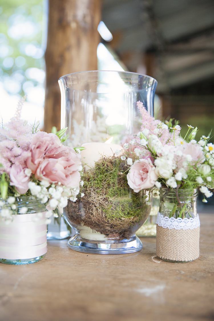Candles Moss Flowers Jars Hessian Lace Pink Rustic Tipi Woodland Wedding http://kerryannduffy.com/