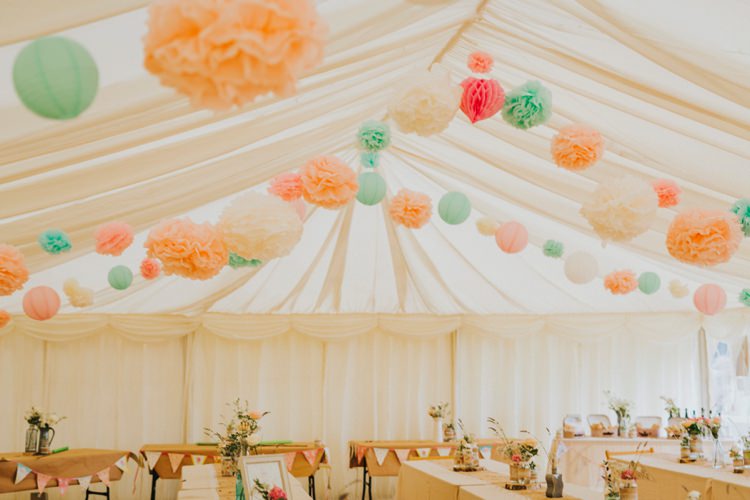 Peach Mint Pom Poms Marquee Creative Festival Wedding http://benjaminstuart.co.uk/