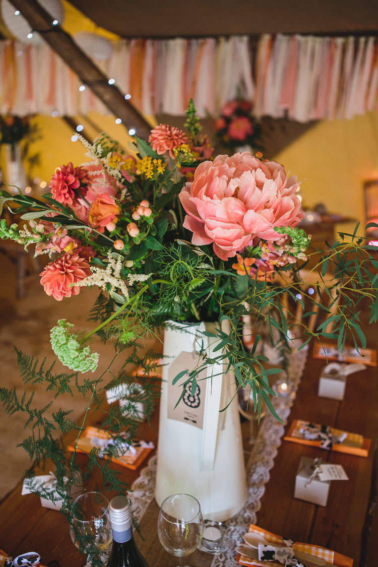 Coral Peony Peonies Dahlias Jug Flowers Decor Centrepiece Outdoorsy Colourful Tipi Wedding http://www.tierneyphotography.co.uk/