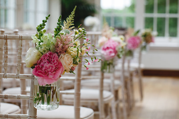 Flowers Chairs Pink Aisle Ceremony Jars Decor Peonies & Bikes Fun Country House Wedding http://hbaphotography.com/