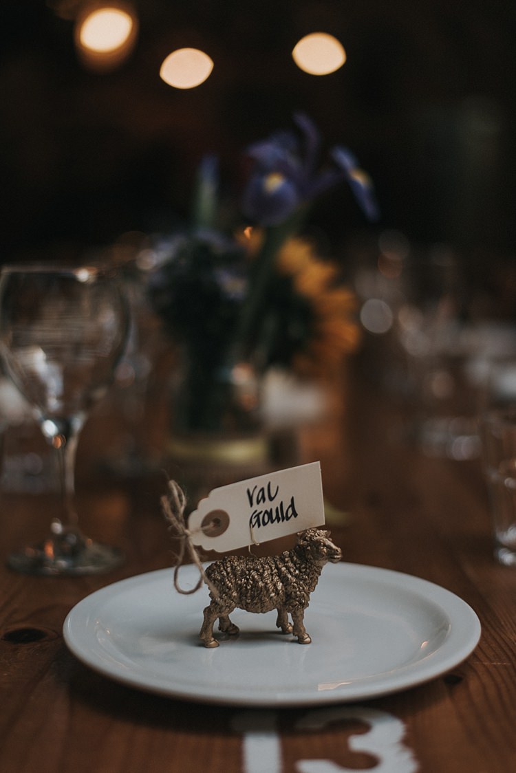 Painted Gold Toy Animal Place Name Setting City Farm Yellow Blue Wedding http://www.baiandelle.com/