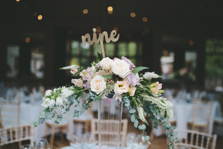 Flower Arrangement Tall Gold Table Number Classic Pink English Country Garden Wedding http://www.elliegracephotography.co.uk/