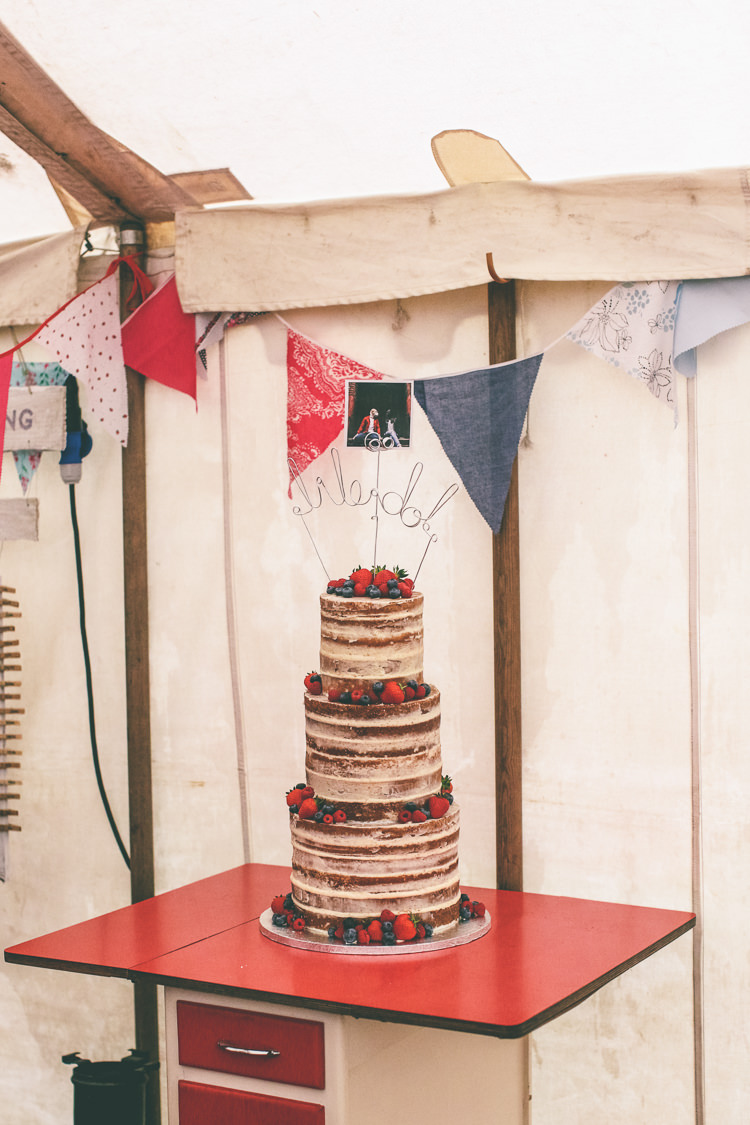 Naked Cake Sponge Layer Fruit Berries Wire Topper Home Made Glastonbury Festival Wedding http://www.emmaboileau.co.uk/