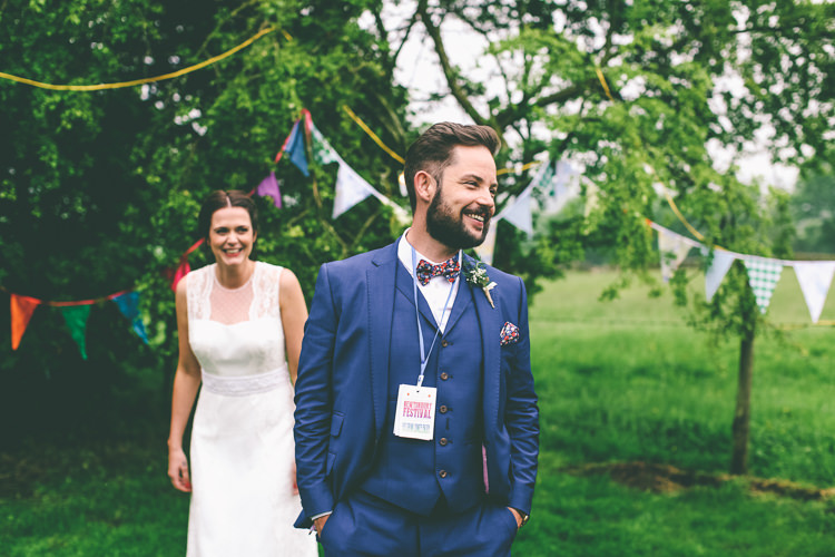 Bow Tie Groom Blue Suit Home Made Glastonbury Festival Wedding http://www.emmaboileau.co.uk/