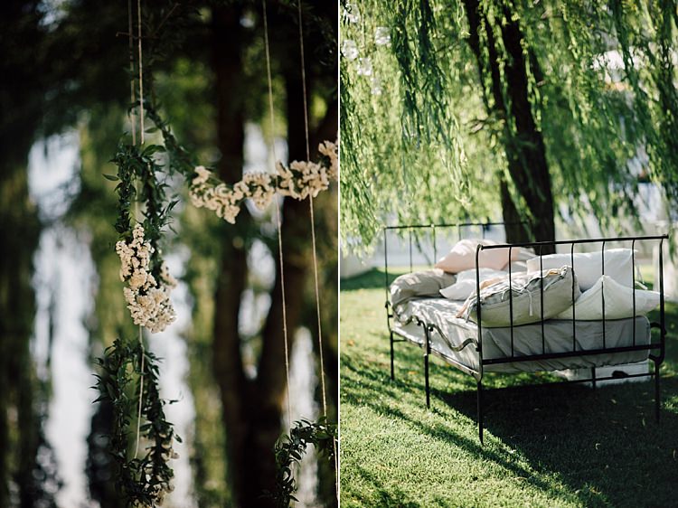 Décor White Florals Bed Cushions Greenery Outdoor Floral Countryside Wedding Veneto http://serenagenovese.com/