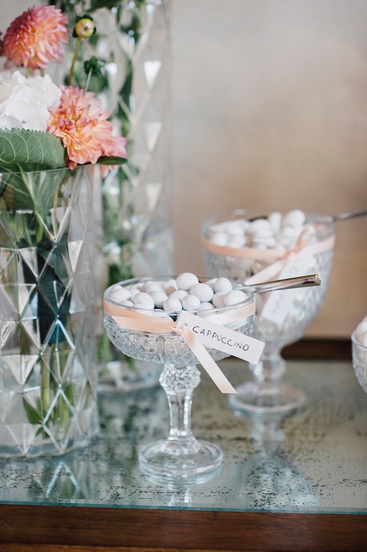 Reception Lolly Table Glass Holders Handwritten Labels Pink Ribbons White Peach Florals Vases Outdoor Floral Countryside Wedding Veneto http://serenagenovese.com/