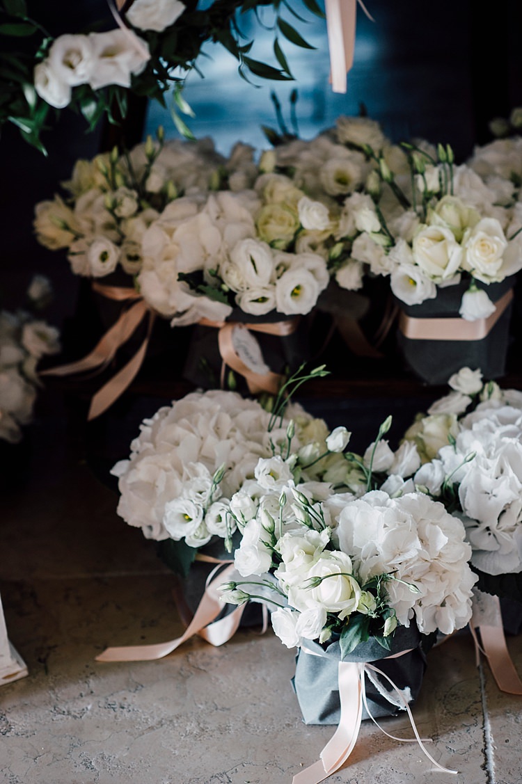 Reception White Flower Pots Peonies Roses Hydrangea Pink Ribbons Guest Gifts Outdoor Floral Countryside Wedding Veneto http://serenagenovese.com/