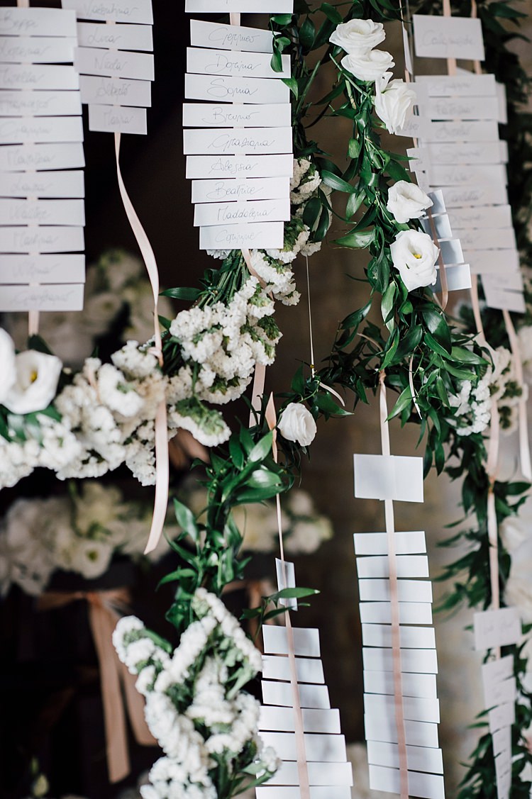 Hanging White Floral Wreaths Table Numbers Ribbons Outdoor Floral Countryside Wedding Veneto http://serenagenovese.com/