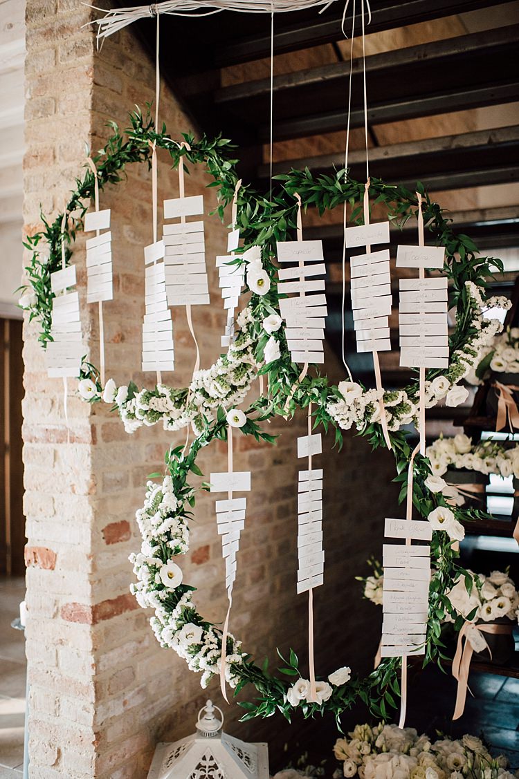 Reception Table Numbers White Floral Wreath Ribbons Hanging Décor Outdoor Floral Countryside Wedding Veneto http://serenagenovese.com/