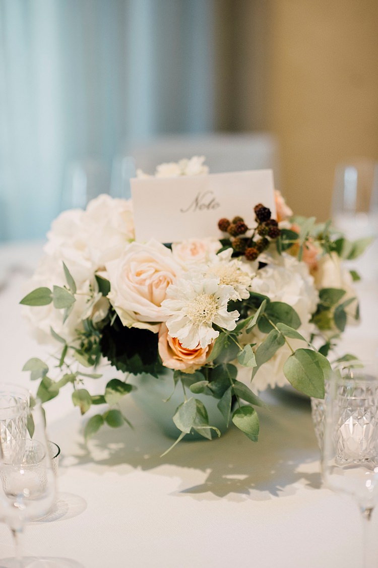Reception Floral Centrepiece White Peach Roses Peonies Calligraphy Number Sign Outdoor Floral Countryside Wedding Veneto http://serenagenovese.com/