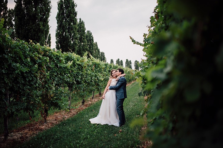 Bride Lace Halter-Neck Top Tulle Skirt Groom Grey Suit Greenery Vines Outdoor Floral Countryside Wedding Veneto http://serenagenovese.com/