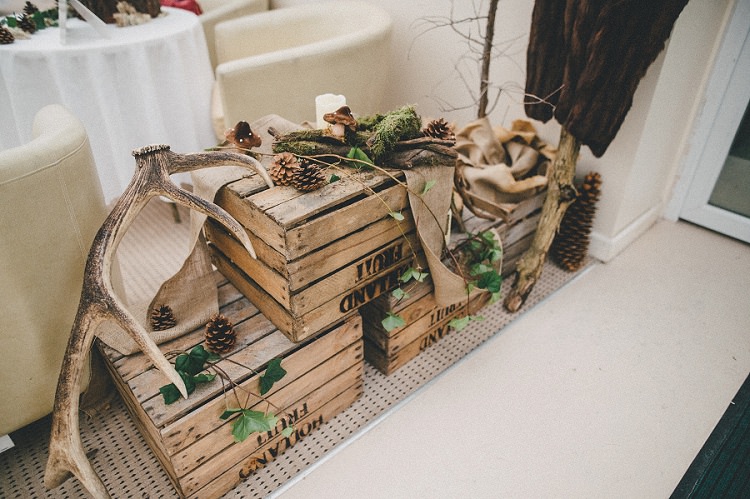 Crate Decor Antlers Moss Pine Cones Woodland Inspired Autumn Wedding http://www.kerrydiamondphotography.com/