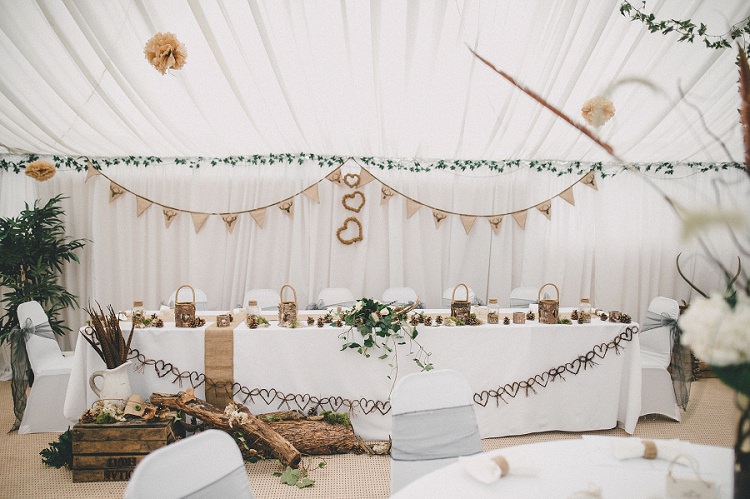 Top Table Decor Bunting Hessian Wooden Woodland Inspired Autumn Wedding http://www.kerrydiamondphotography.com/