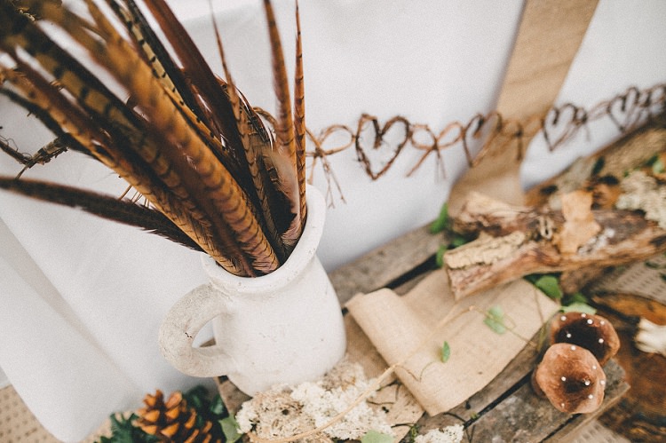 Feather Jug Decor Woodland Inspired Autumn Wedding http://www.kerrydiamondphotography.com/