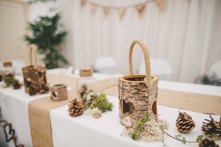 Wooden Candles Pine Cones Hessian Decor Woodland Inspired Autumn Wedding http://www.kerrydiamondphotography.com/