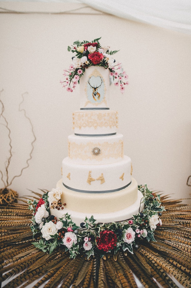 Cake Deer Flowers Feathers Woodland Inspired Autumn Wedding http://www.kerrydiamondphotography.com/