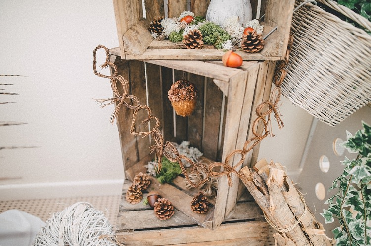 Crate Decor Pine Cones Woodland Inspired Autumn Wedding http://www.kerrydiamondphotography.com/