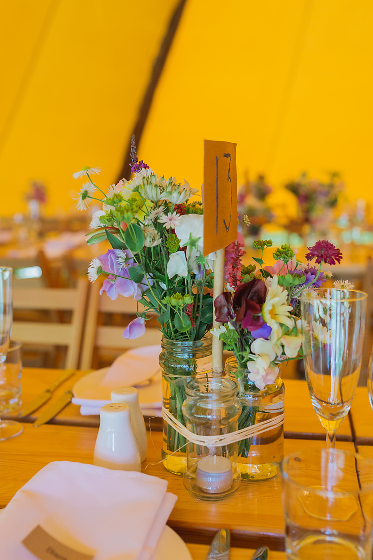 Jar Flowers DIY Decor Tables Centrepiece Fun & Games Tipi Wedding http://jamesandlianne.com/