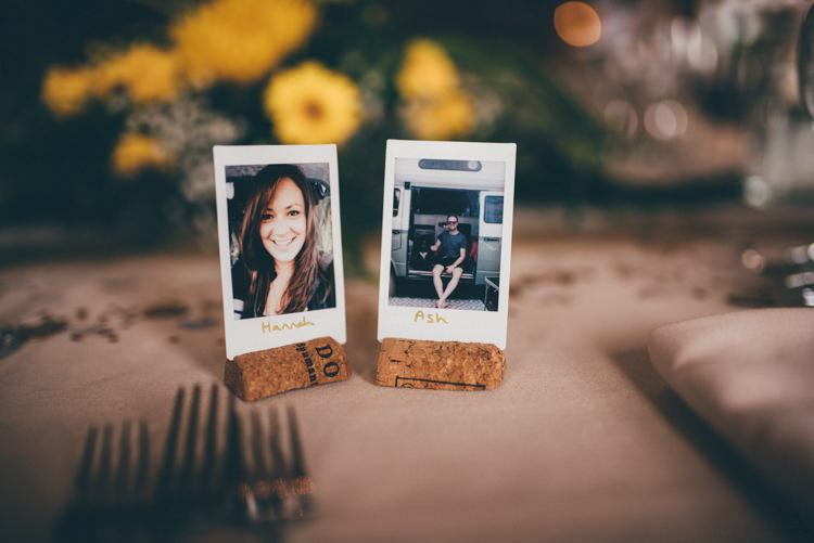 Cork Polariod Place Names Outdoorsy Rustic Sunflowers Wedding http://www.helenjanesmiddy.com/