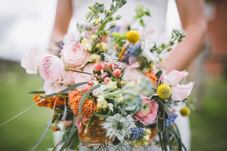 Whimsical Bouquet Flowers Bride Bridal Succulents Berries Craspedia Spring Pastel Colourful Quirky Country Museum Wedding http://www.onelovepictures.com/