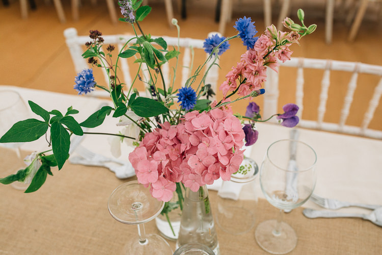 Pink Blue Flowers Table Decor Decoration Floral Marquee Summer Wedding http://matildadelvesweddingphotography.com/