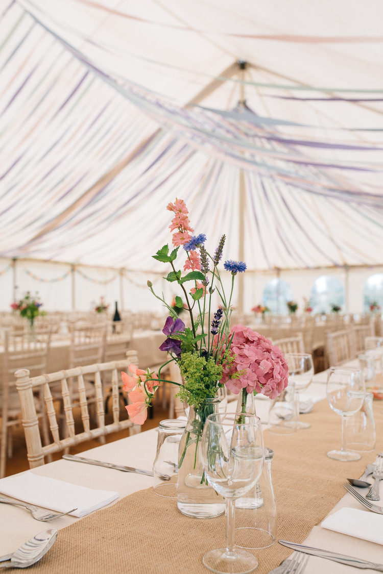 Pastel Flowers Vase Hessian Table Decor Ribbons Floral Marquee Summer Wedding http://matildadelvesweddingphotography.com/