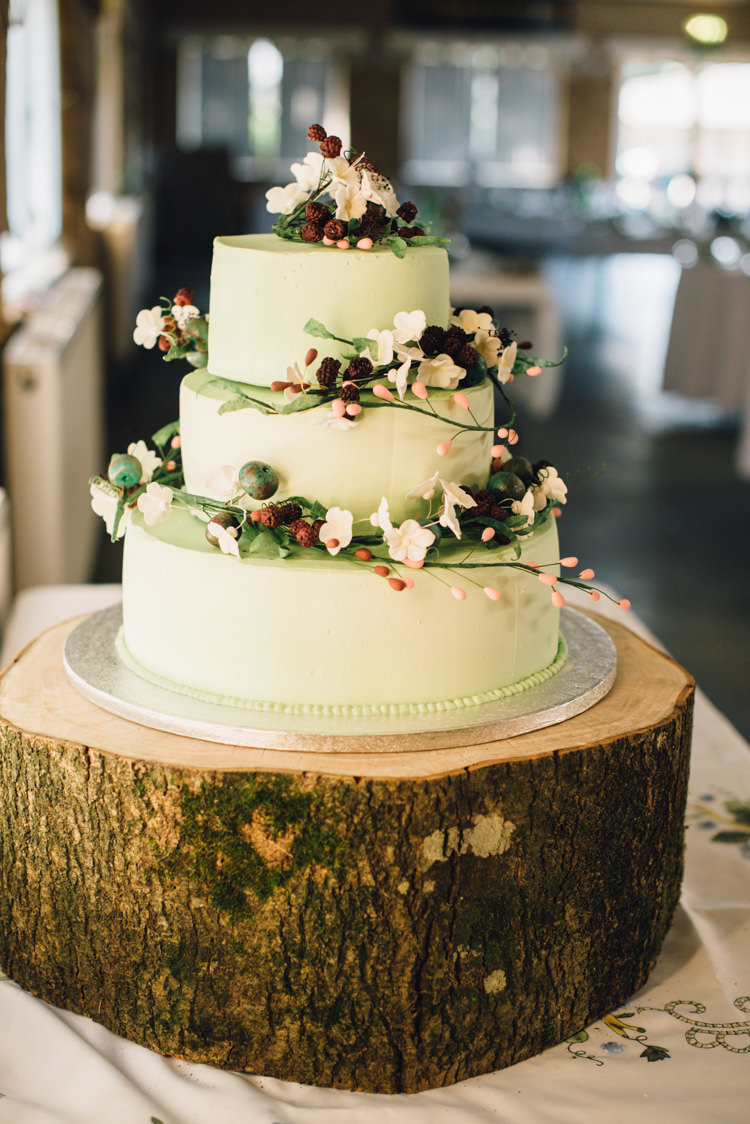 Pale Green Cake Log Flowers Berries Rural Rustic Autumn Wedding http://www.saltyseaphotography.com/