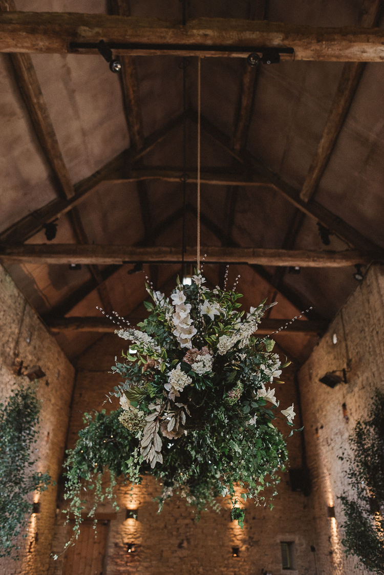 Hanging Flowers Barn Chandelier Whimsical Floral Blush Grey Wedding https://www.scuffinsphotography.com/