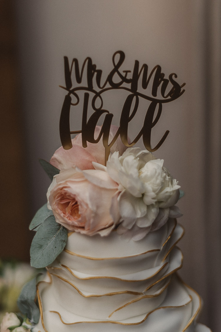 Ruffle Iced Cake Gold White Flowers Topper Whimsical Floral Blush Grey Wedding https://www.scuffinsphotography.com/