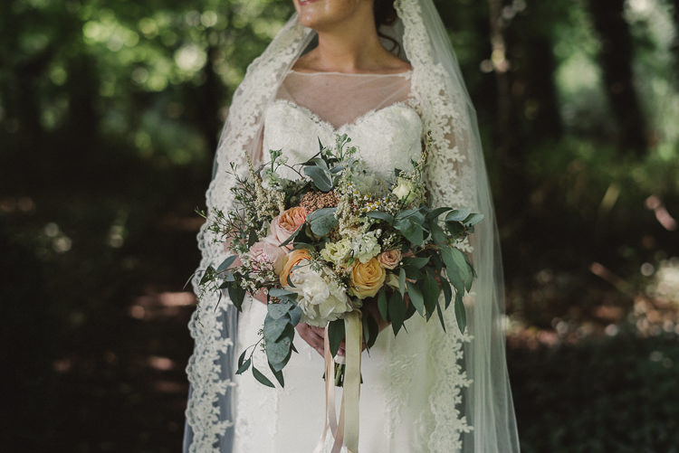 Bouquet Bride Bridal Flowers Ribbon Peach Rose Foliage Greenery Whimsical Floral Blush Grey Wedding https://www.scuffinsphotography.com/
