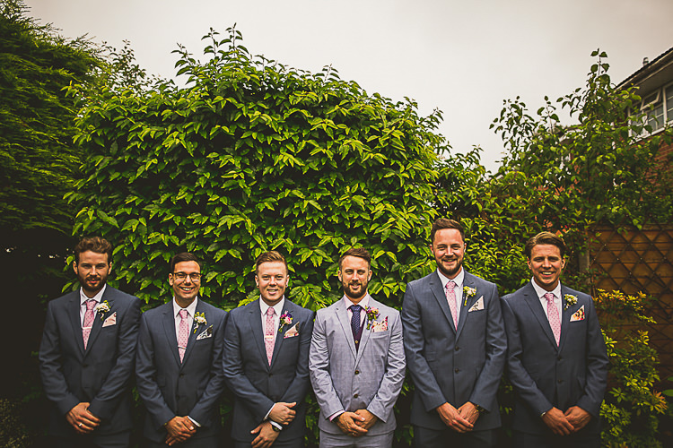 Grey Suits Pink Accessories Groom Groomsmen Colourful Midsummer Night's Dream Party Wedding http://thespringles.com/