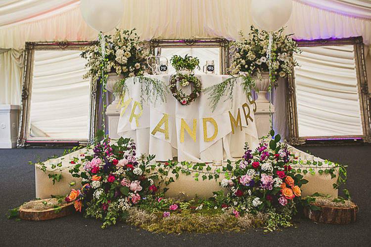 Top Table Sweetheart Foliage Greenery Mirrors Balloons Colourful Midsummer Night's Dream Party Wedding http://thespringles.com/
