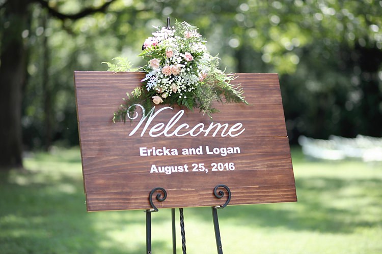 Outdoor Ceremony Personalised Wooden Sign Pink White Roses Baby's Breath Florals Metal Stand Soft Romantic Woodland Wedding Tennessee http://www.jessicaleephotographicart.com/
