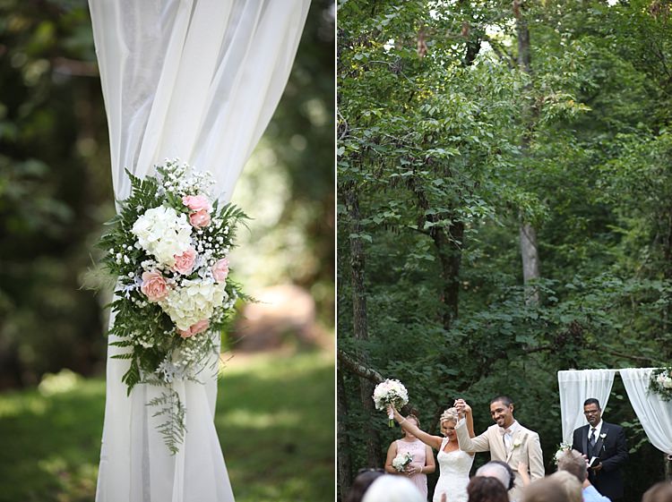 Outdoor Ceremony Bride Groom Celebrant White Curtains Floral Bouquets White Hydrangeas Pink Roses Baby's Breath Trees Grass Soft Romantic Woodland Wedding Tennessee http://www.jessicaleephotographicart.com/