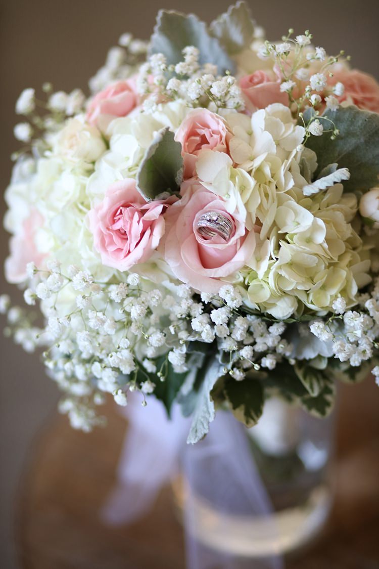 Bridal Bouquet White Hydrangea Pink Roses Baby's Breath Wedding Engagement Rings Glass Vase Soft Romantic Woodland Wedding Tennessee http://www.jessicaleephotographicart.com/