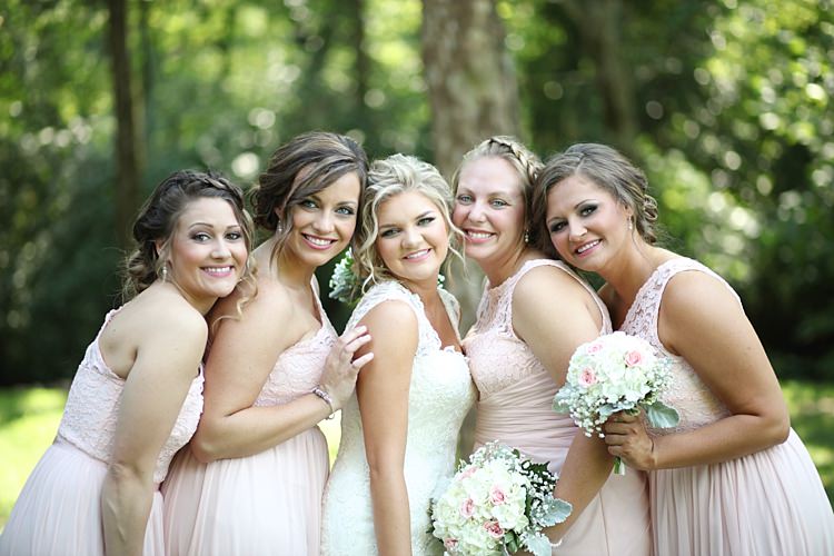 Bride Lace Mermaid Bridal Gown With Straps Soft Hairstyle Bridesmaids Pale Pink Lace Chiffon Dresses Bouquets White Hydrangea Pink Roses Baby's Breath Trees Grass Soft Romantic Woodland Wedding Tennessee http://www.jessicaleephotographicart.com/