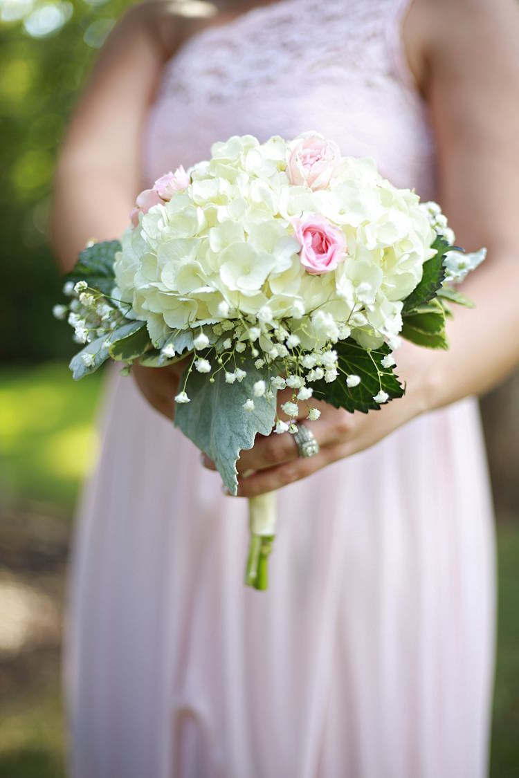 Bridesmaid Bouquet White Hydrangea Pink Rose Baby's Breath Florals Pale Pink Lace Chiffon Dress Soft Romantic Woodland Wedding Tennessee http://www.jessicaleephotographicart.com/